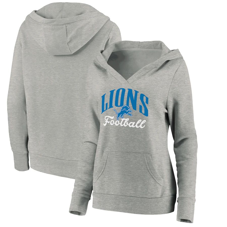 Women Detroit Lions Fanatics Branded Heathered Gray Victory Script V-Neck Pullover Hoodie->women nfl jersey->Women Jersey